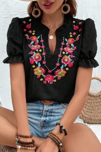 Blouses | Women Black Embroidered Floral V Neck Bubble Sleeve Blouse