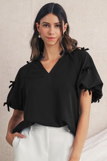 Blouses | Women Black V Neck Bow Detail Puff Sleeve Blouse