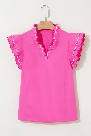 Blouses | Women Bright Pink Scallop Trim V Neck Layered Short Sleeve Blouse