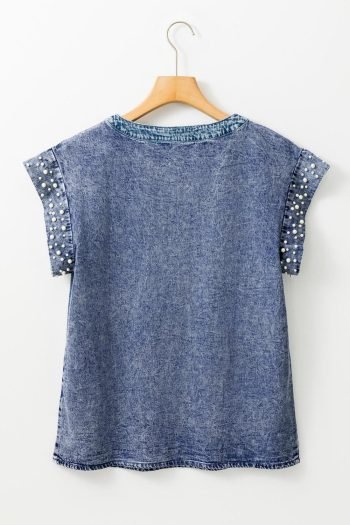 Blouses | Women Dusk Blue Acid Wash Pearl Embellishment Round Neck Denim Top