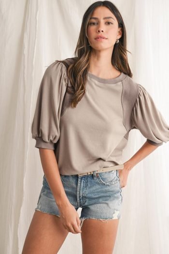 Blouses | Women Goat Bishop Sleeve Contrast Trim Round Neck Blouse
