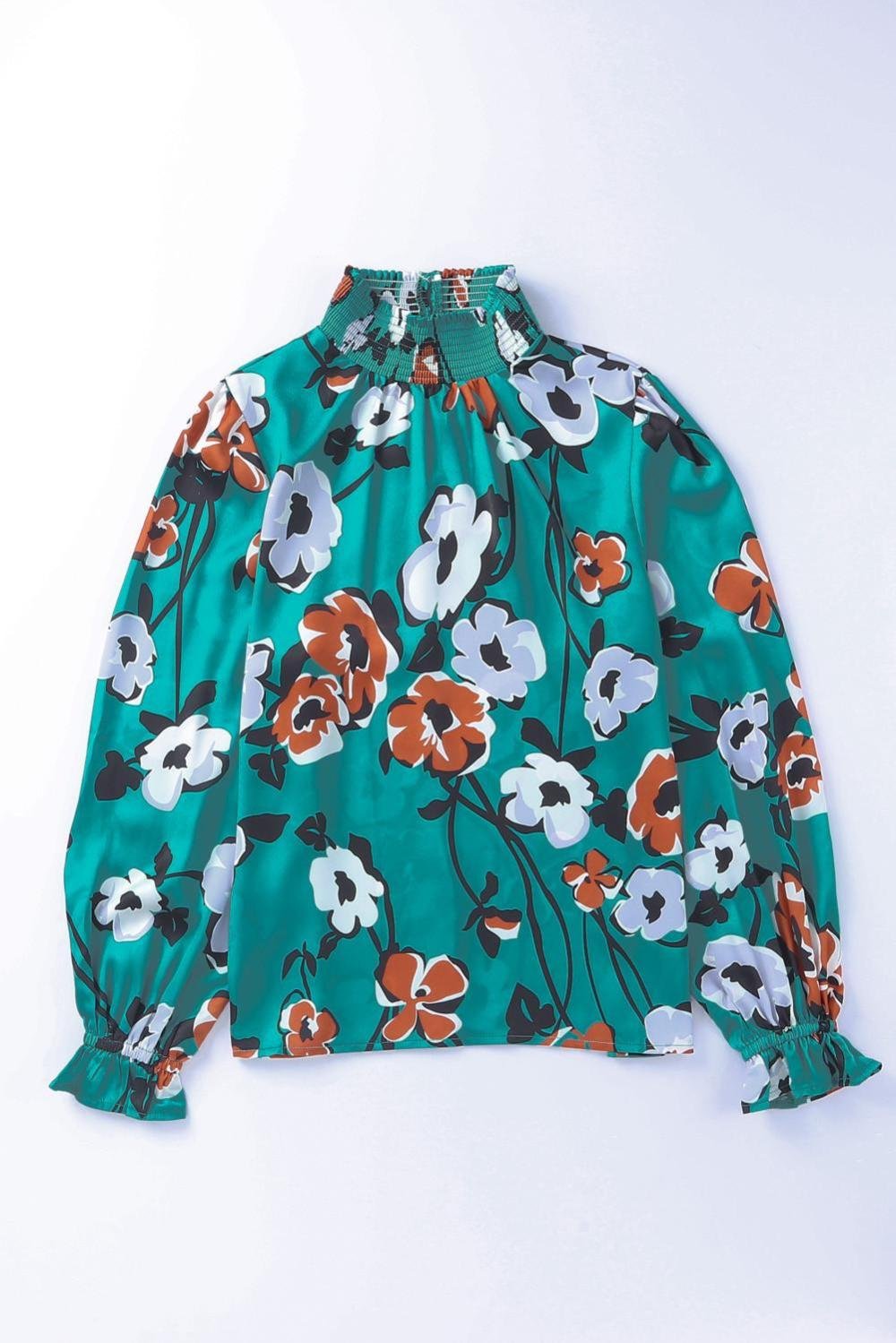 Blouses | Women Green Mock Neck Top Floral Print Long Sleeve Silk Blouse