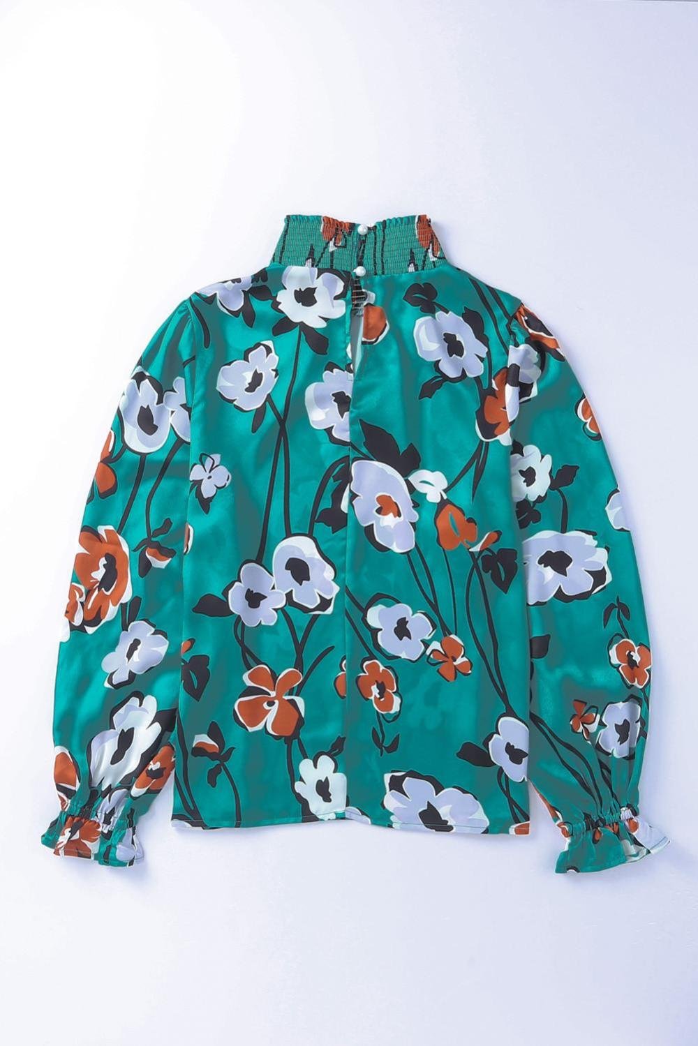 Blouses | Women Green Mock Neck Top Floral Print Long Sleeve Silk Blouse