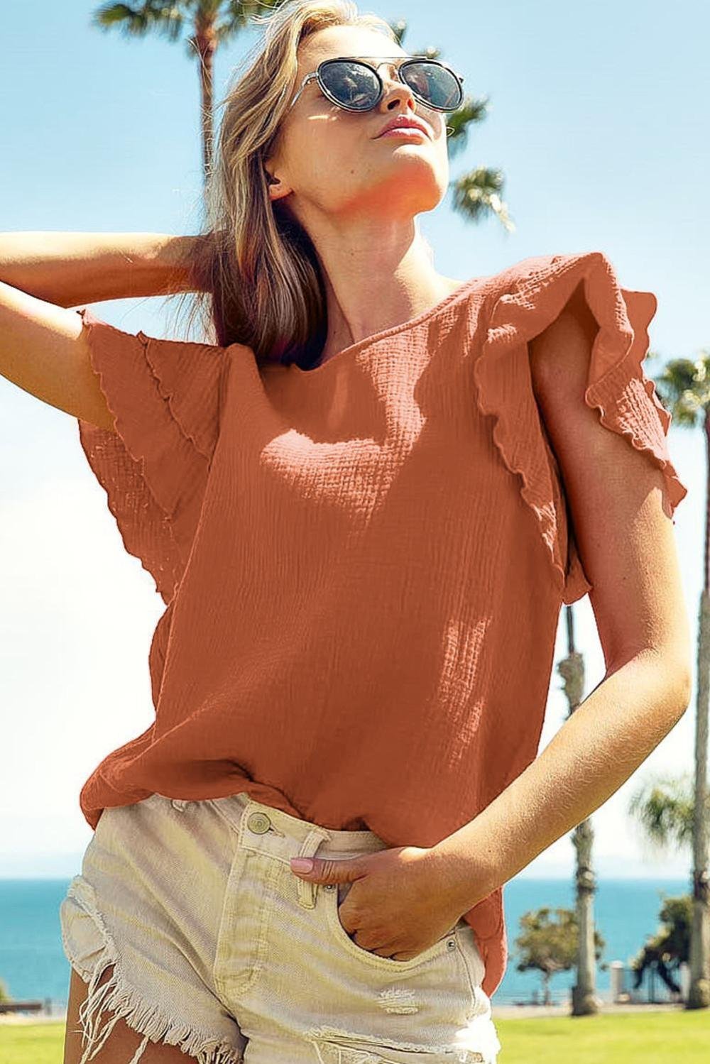Blouses | Women Orange Crinkled Ruffle Sleeve Blouse