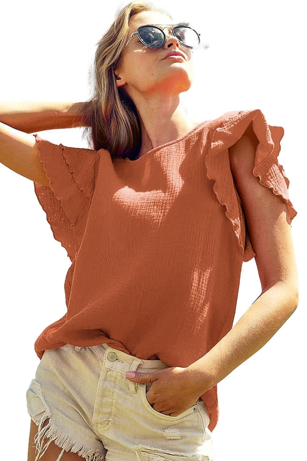 Blouses | Women Orange Crinkled Ruffle Sleeve Blouse