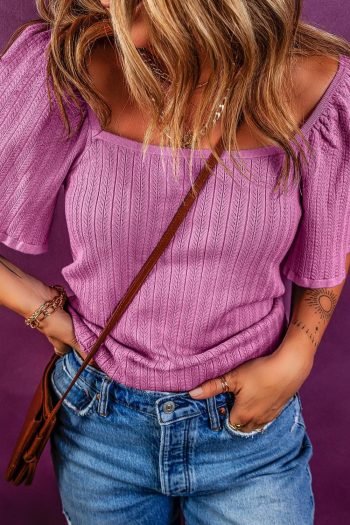 Blouses | Women Phalaenopsis Textured Square Neck Flounce Sleeve Top