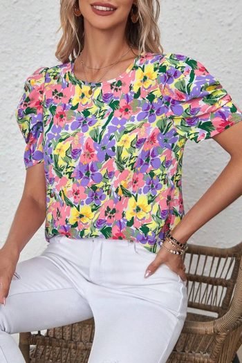 Blouses | Women Purple Floral Print Short Sleeve Blouse