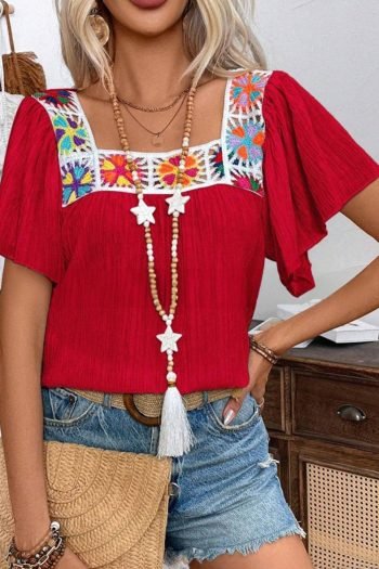 Blouses | Women Racing Red Crochet Flower Square Neck Ruffle Sleeve Blouse