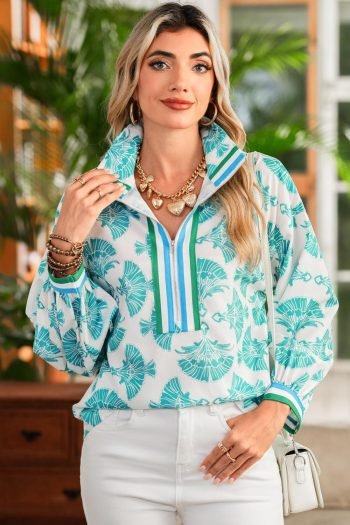 Blouses | Women Sky Blue Abstract Print Bubble Sleeve Pop Of Color Neck Blouse