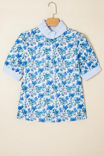 Blouses | Women Sky Blue Floral Print Striped Patchwork Collared Blouse