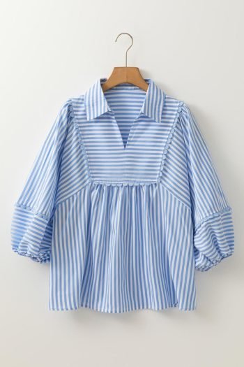 Blouses | Women Sky Blue Striped Ric Rac Trim Collared V Neck Blouse