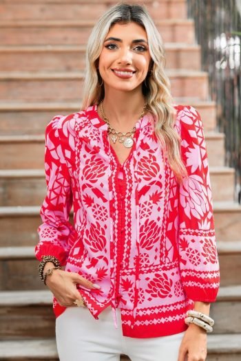 Blouses | Women Strawberry Pink Floral Print Tie V Neck Blouse