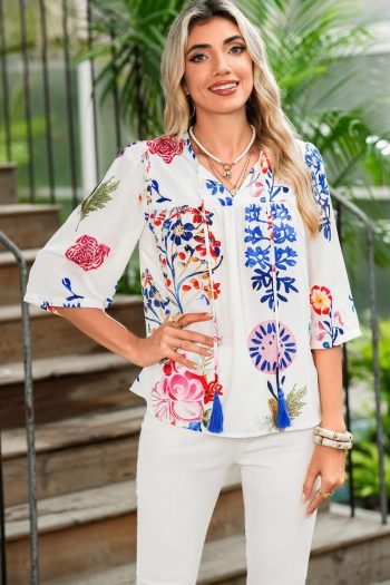 Blouses | Women White Boho Floral Fringe Tie V Neck Blouse