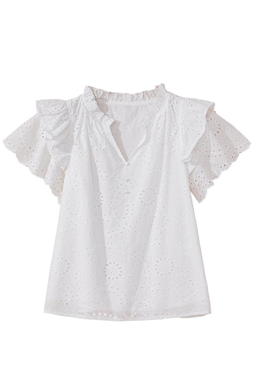 Blouses | Women White Eyelet Flutter Sleeve V Neck Blouse