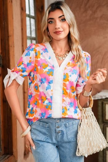 Blouses | Women White Floral Colorblock Striped Edge V Neck Knotted Short Sleeve Blouse