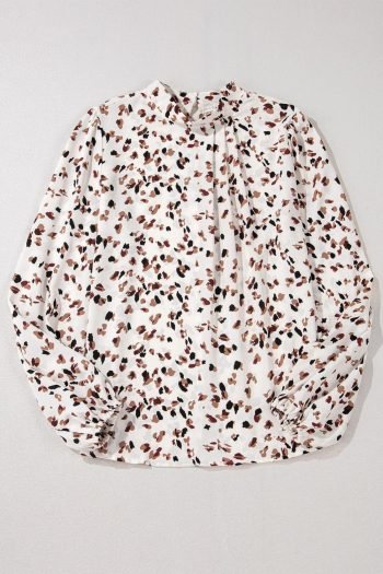 Blouses | Women White Leopard Print Puff Sleeve Mock Neck Pleated Blouse