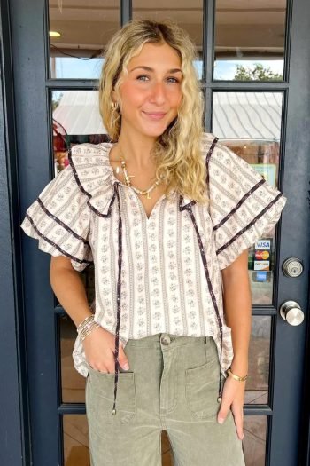 Blouses | Women White Ruffle V-Neck Floral Print Short Sleeve Blouse