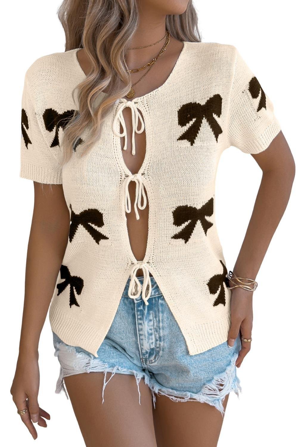 Knit Tops | Women Beige Bow Tie Front Short Sleeve Knit Top