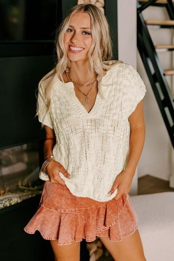 Knit Tops | Women Beige Notched V Neck Short Sleeve Knit Top