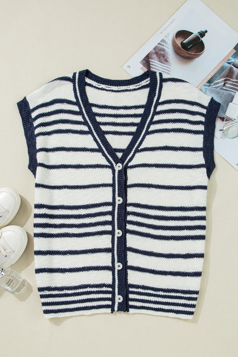Knit Tops | Women Blue Stripe Loose Buttoned V Neck Knit Vest