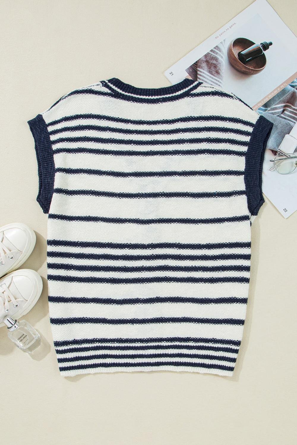 Knit Tops | Women Blue Stripe Loose Buttoned V Neck Knit Vest