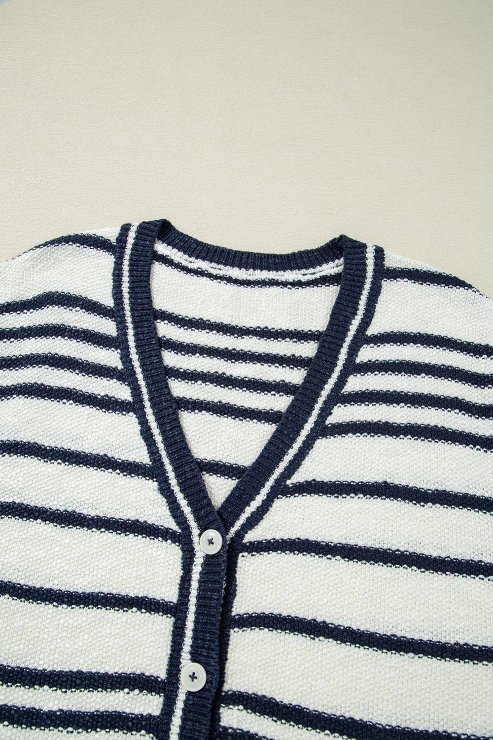 Knit Tops | Women Blue Stripe Loose Buttoned V Neck Knit Vest