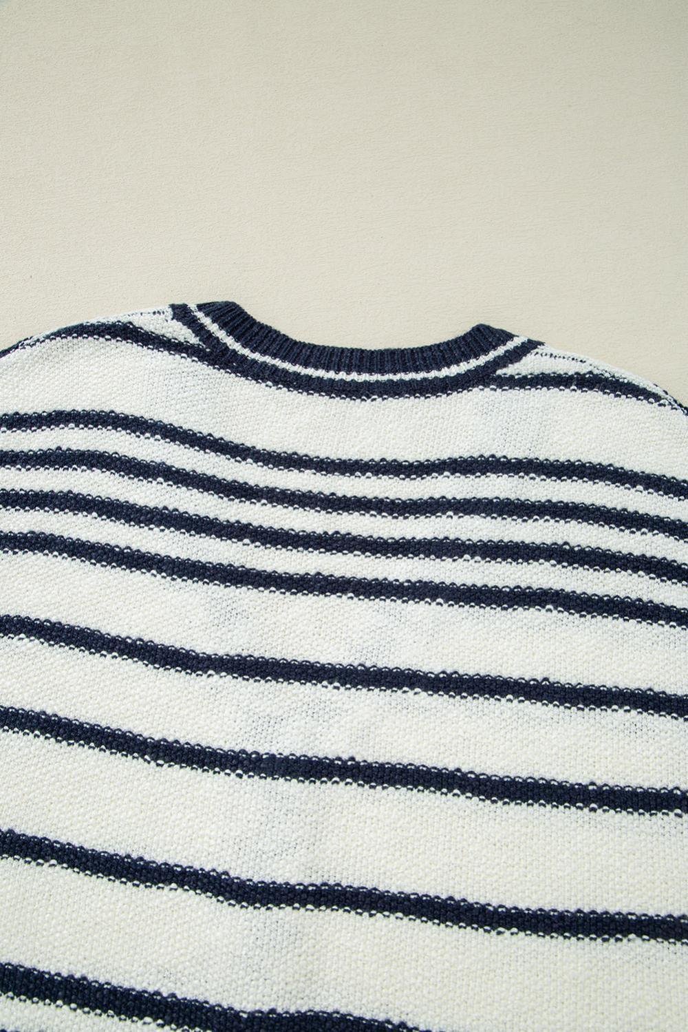 Knit Tops | Women Blue Stripe Loose Buttoned V Neck Knit Vest