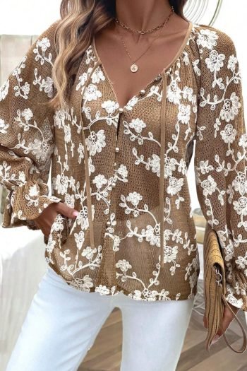 Knit Tops | Women Dark Khaki Floral Applique V Neck Hollow Knit Top