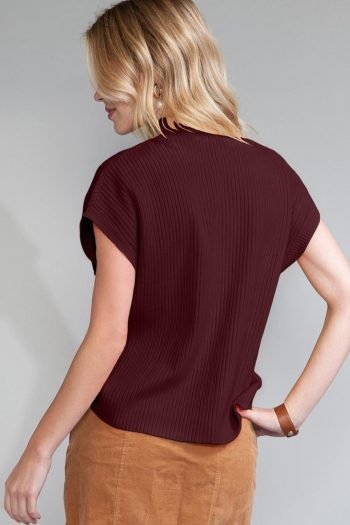 Knit Tops | Women Mineral Red Patch Pocket Ribbed Knit Short Sleeve Sweater