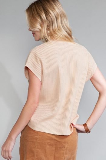 Knit Tops | Women Oatmeal Patch Pocket Ribbed Knit Short Sleeve Sweater