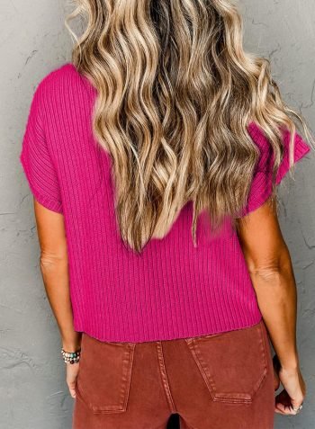 Knit Tops | Women Rose Red Patch Pocket Ribbed Knit Short Sleeve Sweater