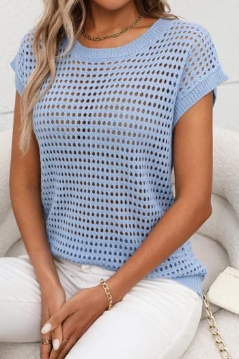 Knit Tops | Women Sky Blue Hollow Out Short Sleeve Knit Top