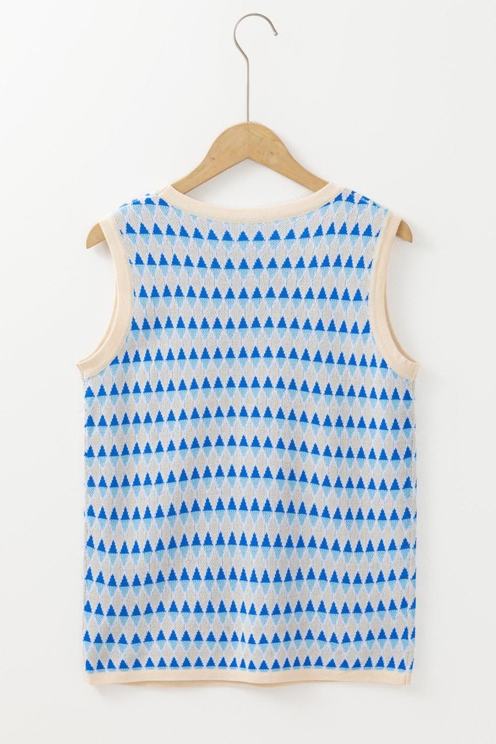 Knit Tops | Women Sky Blue Stripe Geometric Print Round Neck Slim Fit Sweater Vest