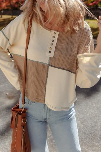 Long Sleeve Tops | Women Beige Waffle Patchwork Stitch Detail Long Sleeve Henley Top