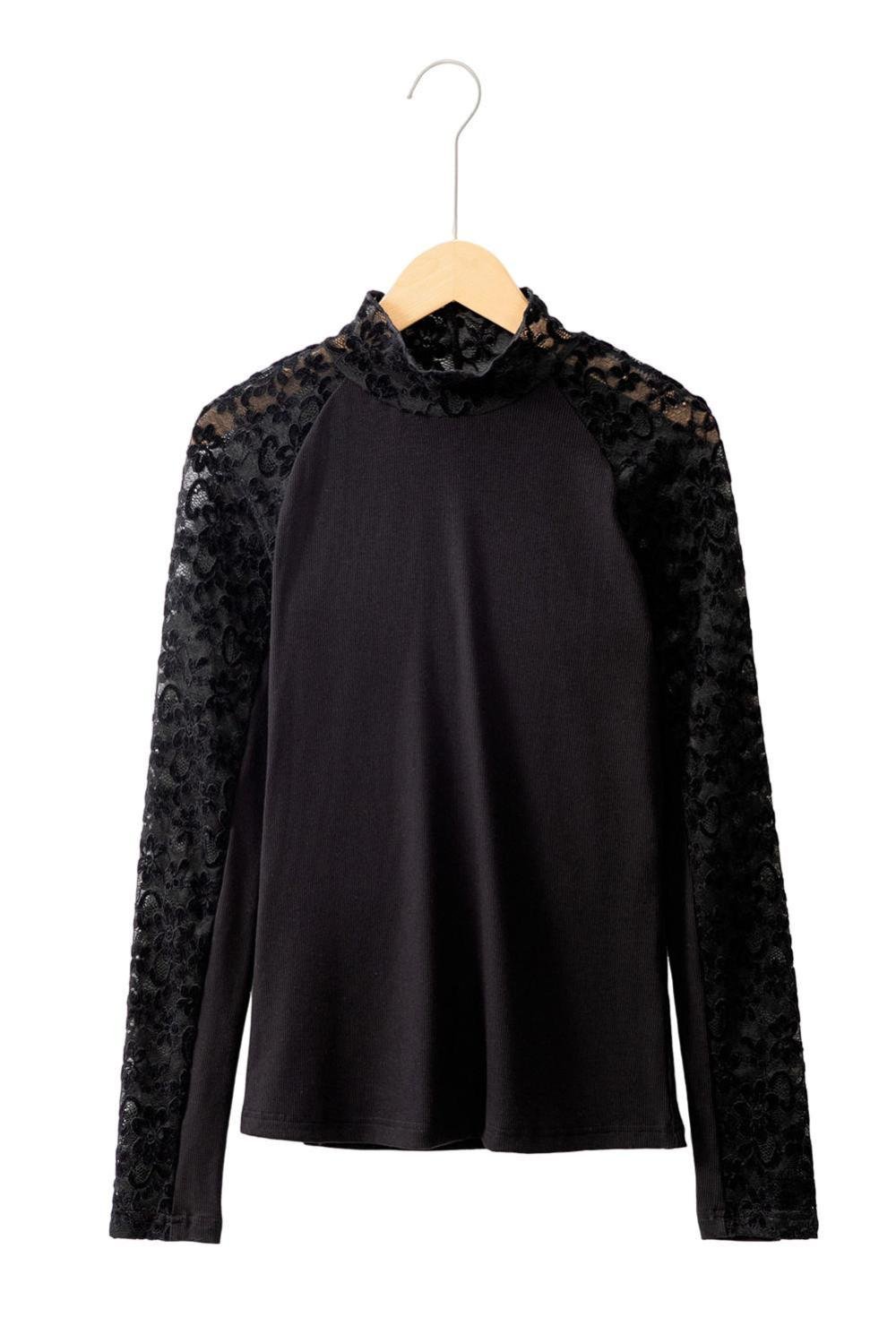 Long Sleeve Tops | Women Black Floral Lace Patchwork Long Sleeve Slim Top