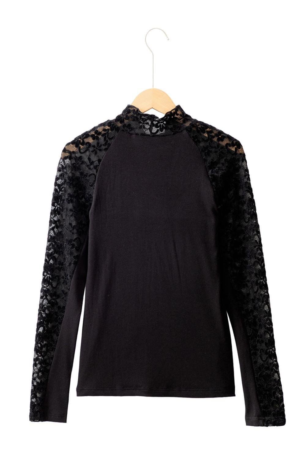 Long Sleeve Tops | Women Black Floral Lace Patchwork Long Sleeve Slim Top