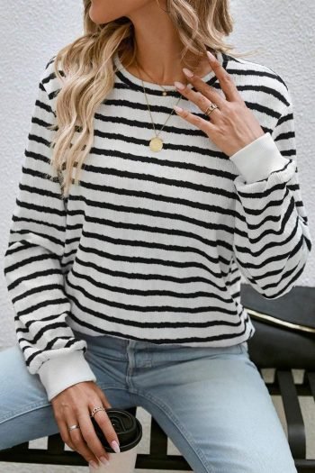 Long Sleeve Tops | Women Black Stripe Round Neck Casual Long Sleeve Top