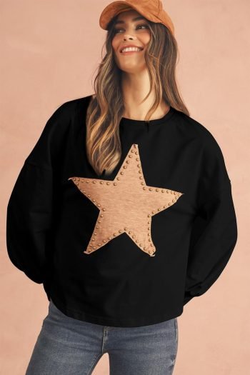 Long Sleeve Tops | Women Black Studded Star Graphic Oversized Top