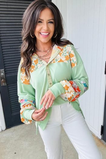 Long Sleeve Tops | Women Clearly Aqua Lace Floral Patchwork Hooded Henley Top