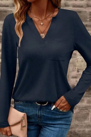 Long Sleeve Tops | Women Dirty Blue Pocketed Notch V Neck Plain Top