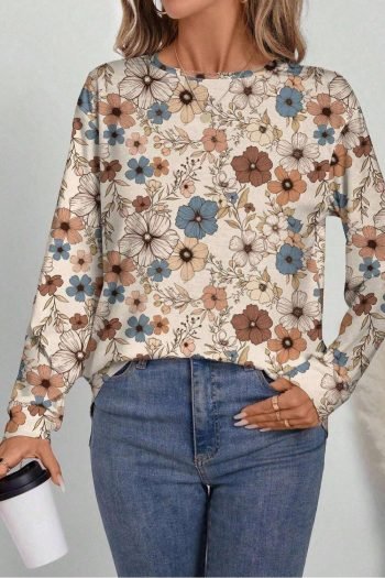Long Sleeve Tops | Women Khaki Allover Floral Print Crew Neck Long Sleeve Top