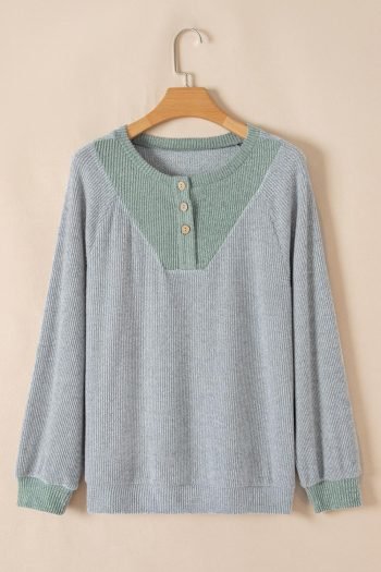 Long Sleeve Tops | Women Light Grey Contrast Ribbed Loose Fit Henley Top