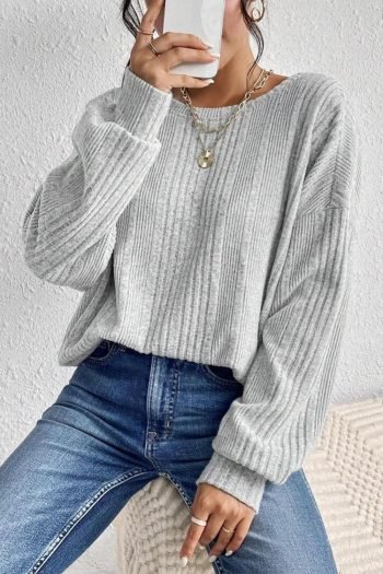 Long Sleeve Tops | Women Light Grey Ribbed Backless Drop Sleeve Top