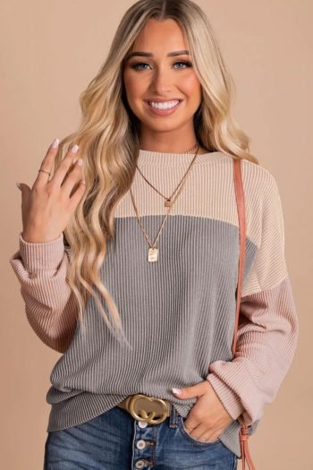 Long Sleeve Tops | Women Multicolor Colorblock Ribbed Loose Long Sleeve Top
