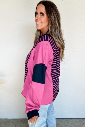 Long Sleeve Tops | Women Pink Stripe Color Block V Neck Loose Fit Long Sleeve Top
