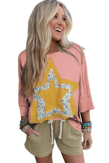 Long Sleeve Tops | Women Rose Tan Floral Star Patched Exposed Seam Top