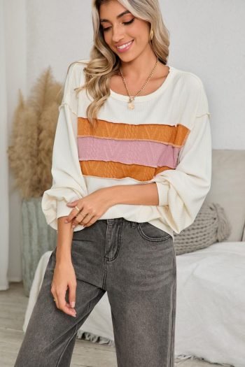Long Sleeve Tops | Women White Corded Exposed Seam Patchwork Drop Sleeve Top