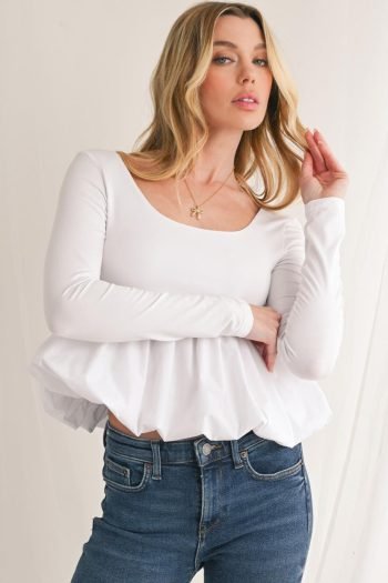 Long Sleeve Tops | Women White Elegant Scoop Neck Bubble Hem Long Sleeve Top