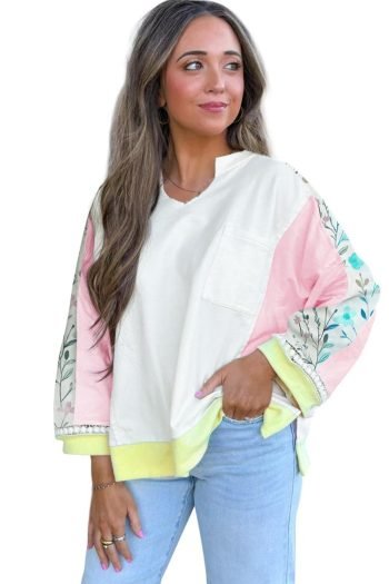 Long Sleeve Tops | Women White Floral Colorblock Patchwork Notched Neck Long Sleeve Top