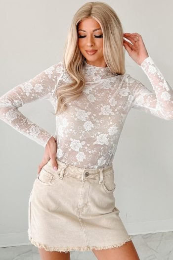 Long Sleeve Tops | Women White Mock Neck Floral Lace Mesh Long Sleeve Top
